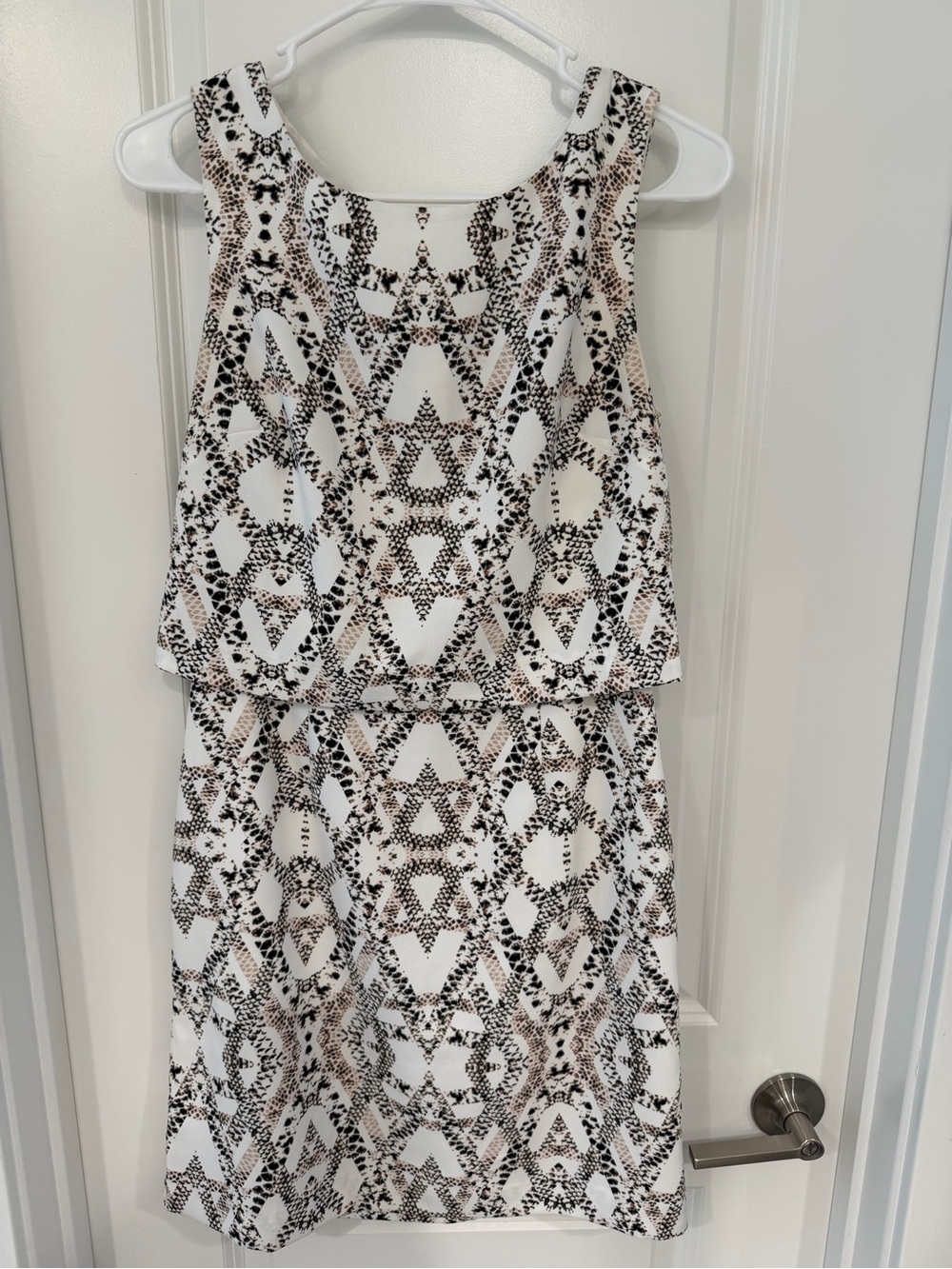 Banana Republic White Mini Dress with Black and Tan Geometric Print